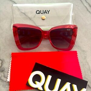 Quay Australia Pink Frame Sunglasses with Gold Detail, cleaning cloth and case